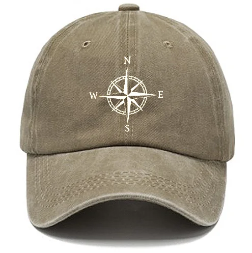 Men's Compass Print Washed Cotton Peaked Cap