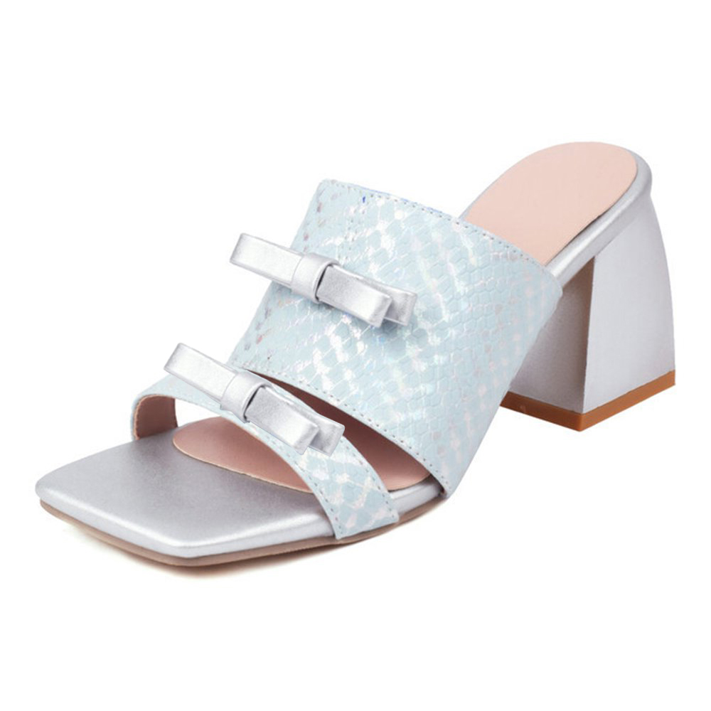 Gray Vegan Leather Open Toe Block Heel Mules with Bow Nicepairs