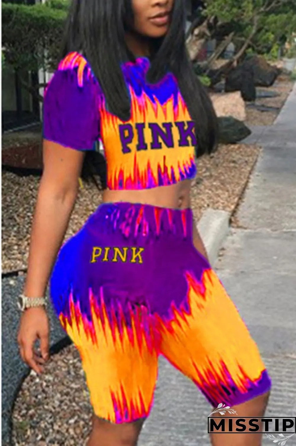 Pink Fashion Casual Sportswear Short Sleeve O Neck Regular Sleeve Short Print Two Pieces