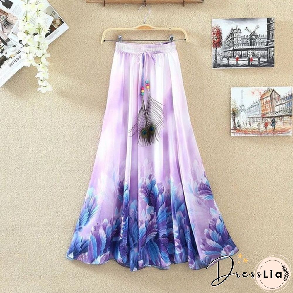 Summer Bohemian Long Skirt Chiffon Elegant Print Casual Skirts