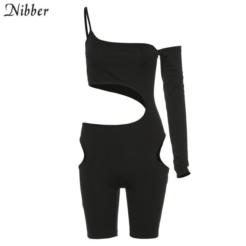 Nibber high quality one-shoulder long-sleeve sexy hollow out black bodycon playsuit woman mujer backless elastic fitness outfit