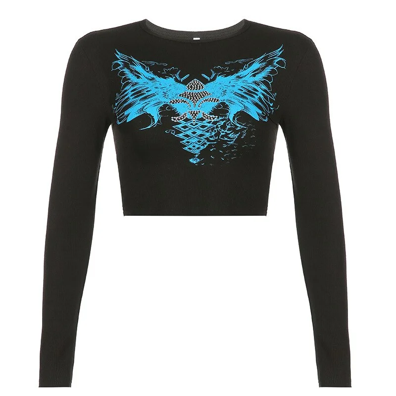 Billlnai 2023 Graduation party  Gothic Black T-Shirts Women Clothes Punk Bodycon Ribbed Graphic Tees Casual Streetwear Rhinestone Printed Long Sleeve Top