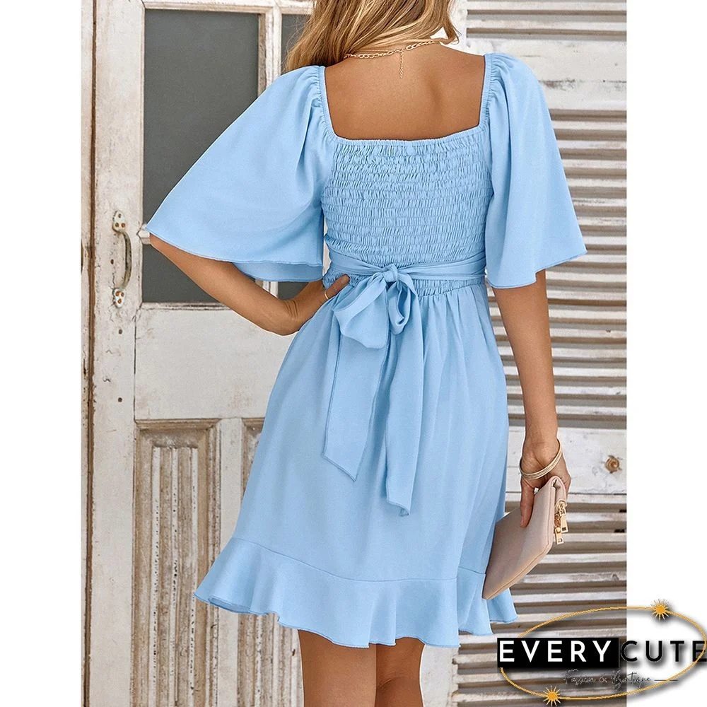 Light Blue V Neck Slim Waist Short Sleeve Mini Dress