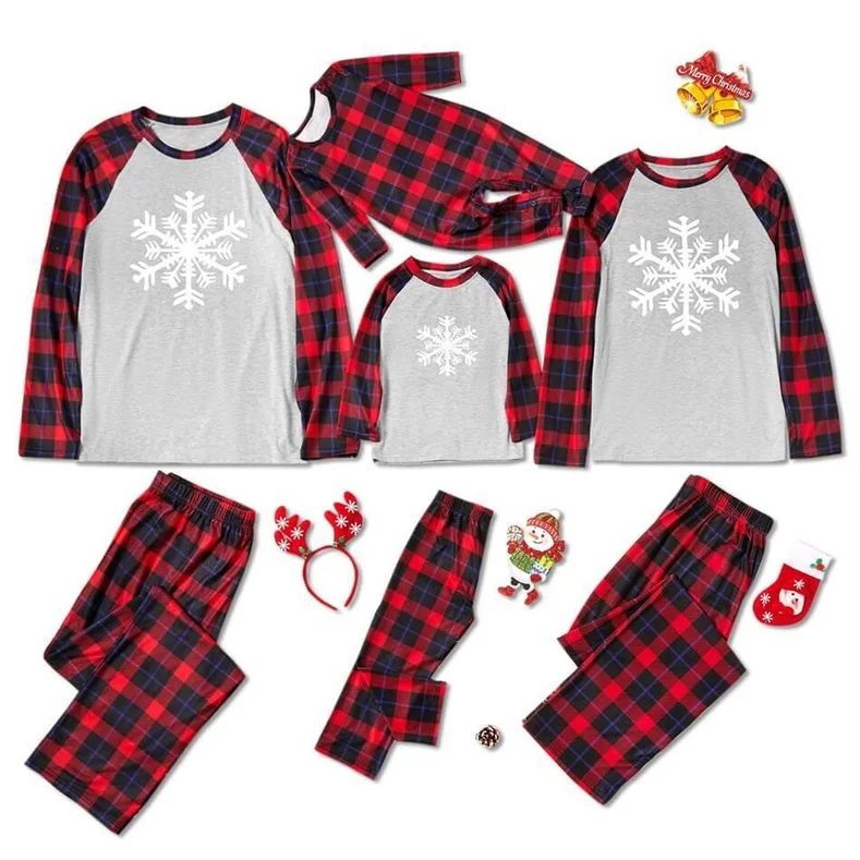 Family Matching Snowflake Buffalo Plaid Christmas Pajamas Sets (with Pet Dog Clothes)