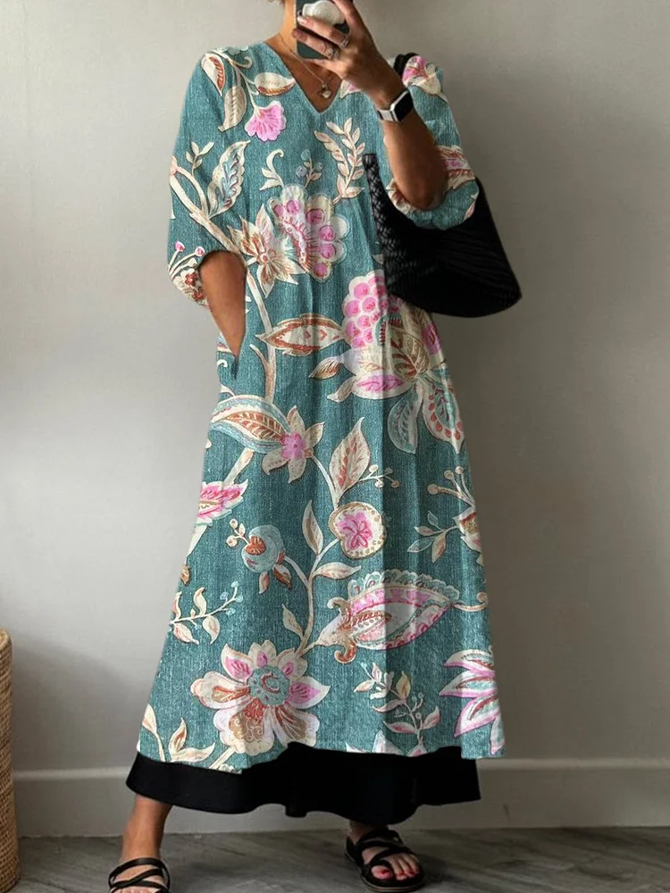 Women's Vintage Blue Florals Print Pocket V-neck Cotton Dress