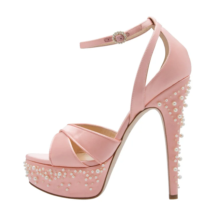 Pink Pearl Platform Sandals Open Toe Ankle Strap Stiletto Heels |FSJ Shoes