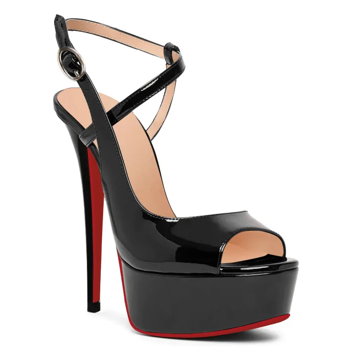 150mm Women Slingback Pumps Patent Ankle Strap Stiletto Peep Toe Dress Red Bottoms Shoes-vocosishoes
