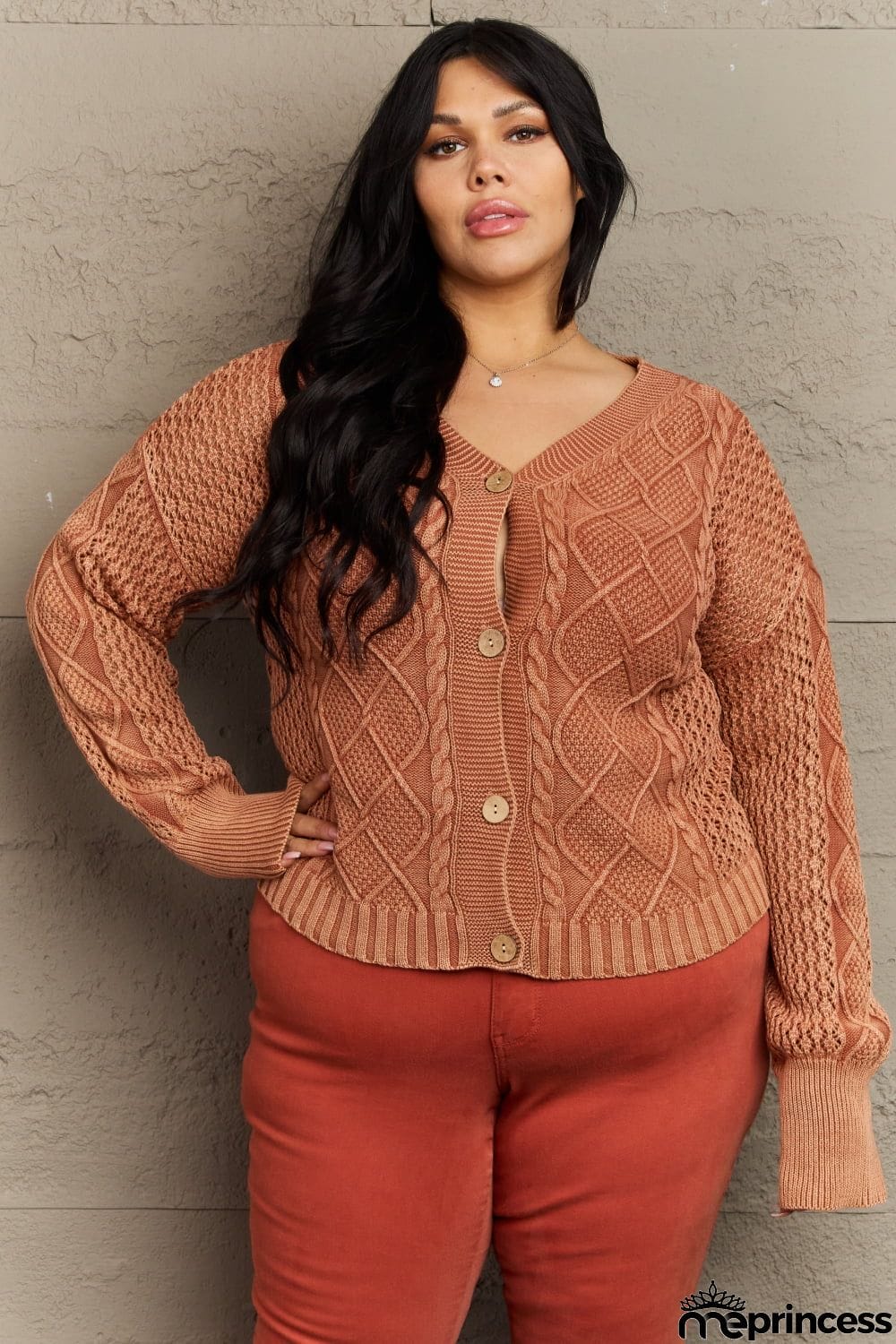 HEYSON Soft Focus Full Size Wash Cable Knit Cardigan