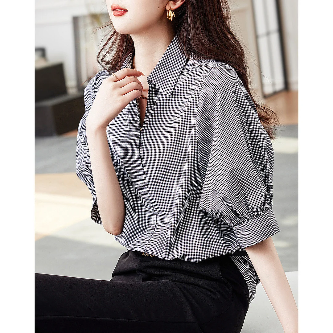 Athvotar Athvotar Casual Design Cotton Checker Shirt 2025 Summer New Collar Short-Sleeved Shirt Women's New Top