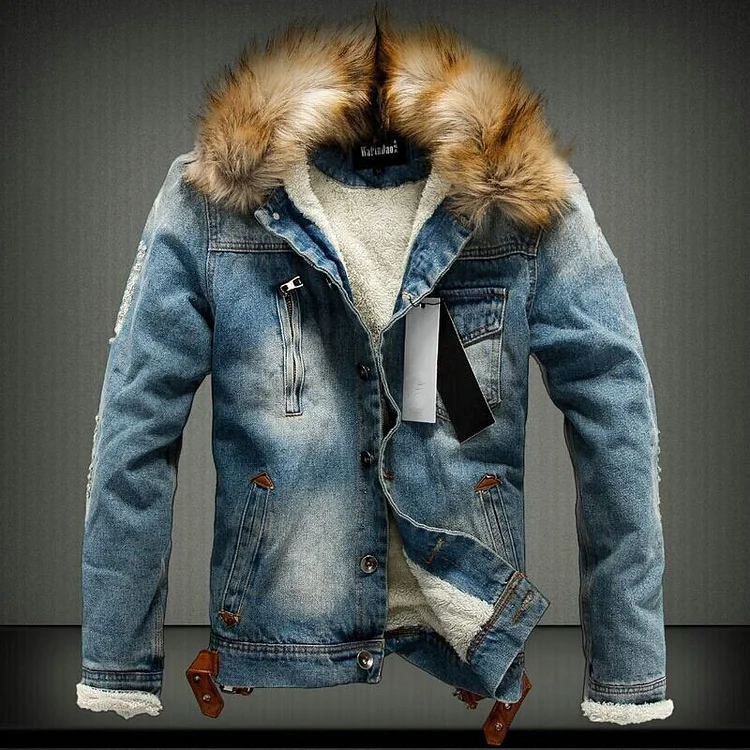 Men's Denim Fleece Jacket Casual Faux Fur Collar Sherpa Jacket
