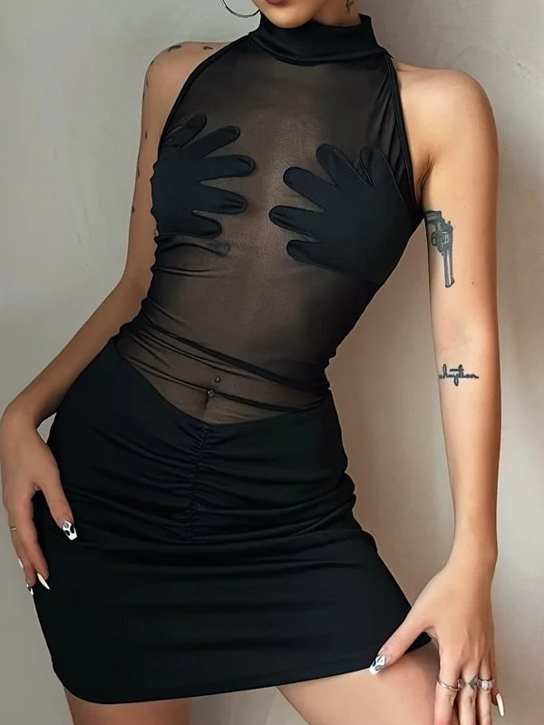 Sexy Mesh See Through Crew Neck Sleeveless Bodycon Dress 