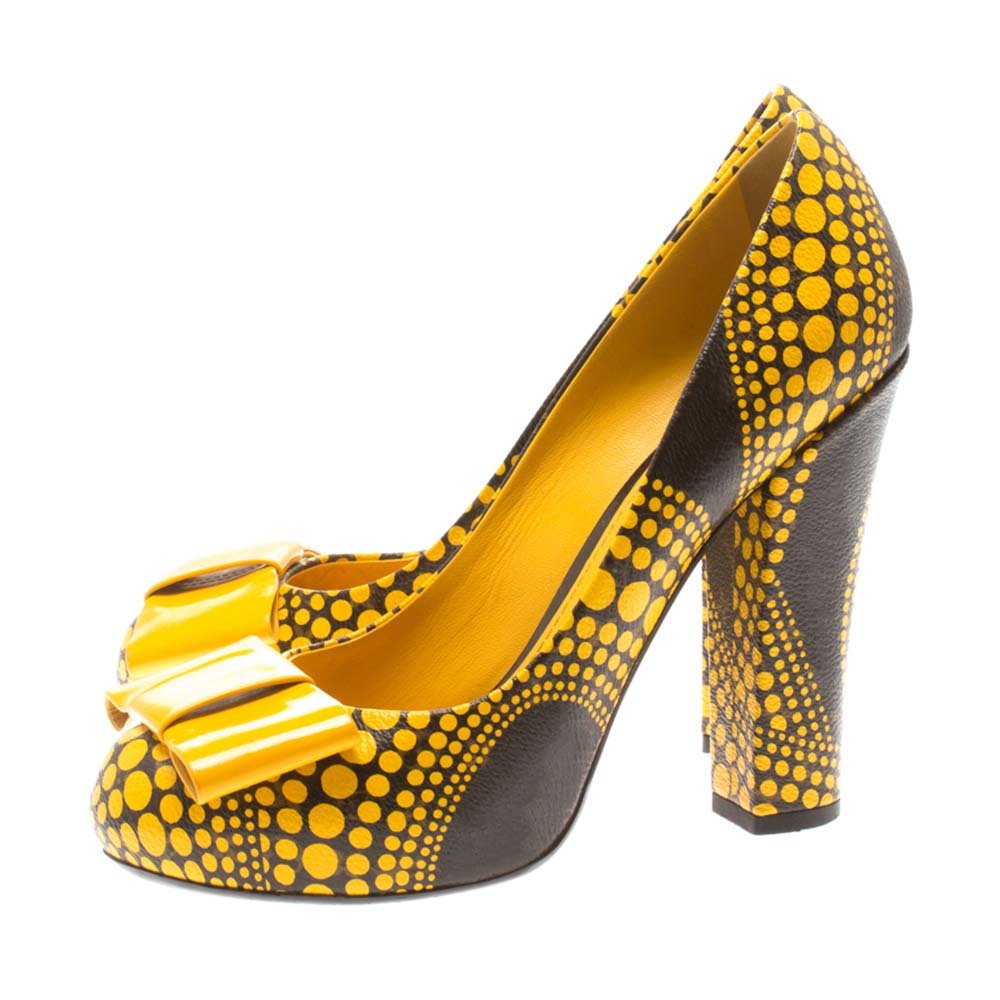 Yellow Dot Leather Pumps With Bow Knot Chunky Heel Pumps Nicepairs