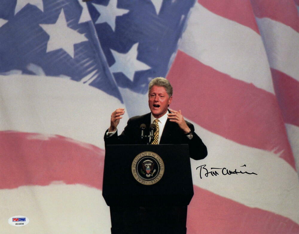 PRESIDENT BILL CLINTON SIGNED AUTOGRAPH 11X14 Photo Poster painting - AMERICAN FLAG, HILLARY PSA