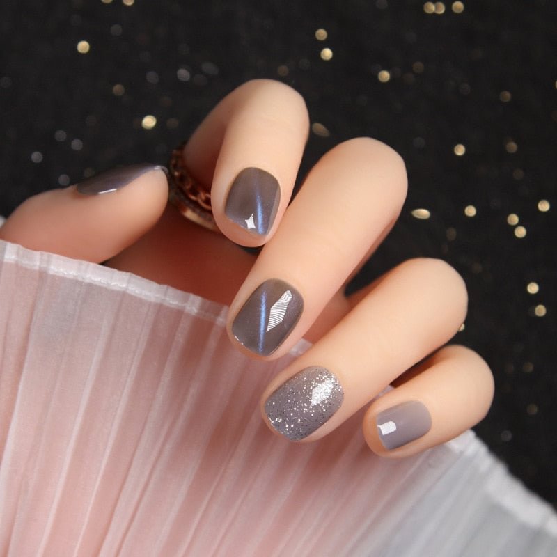24pcs/box Wearable Finger Fake Nails press on Blue Grey Aurora Effect short size full cover Summer Patch  fake Fingernail tips