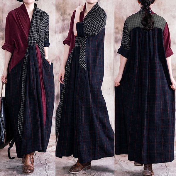 Vintage Women V-neck Plaid Check Patchwork Wrap Baggy Long Shirt Dress Spring Casual Long Sleeve Maxi Dress - BlackFridayBuys