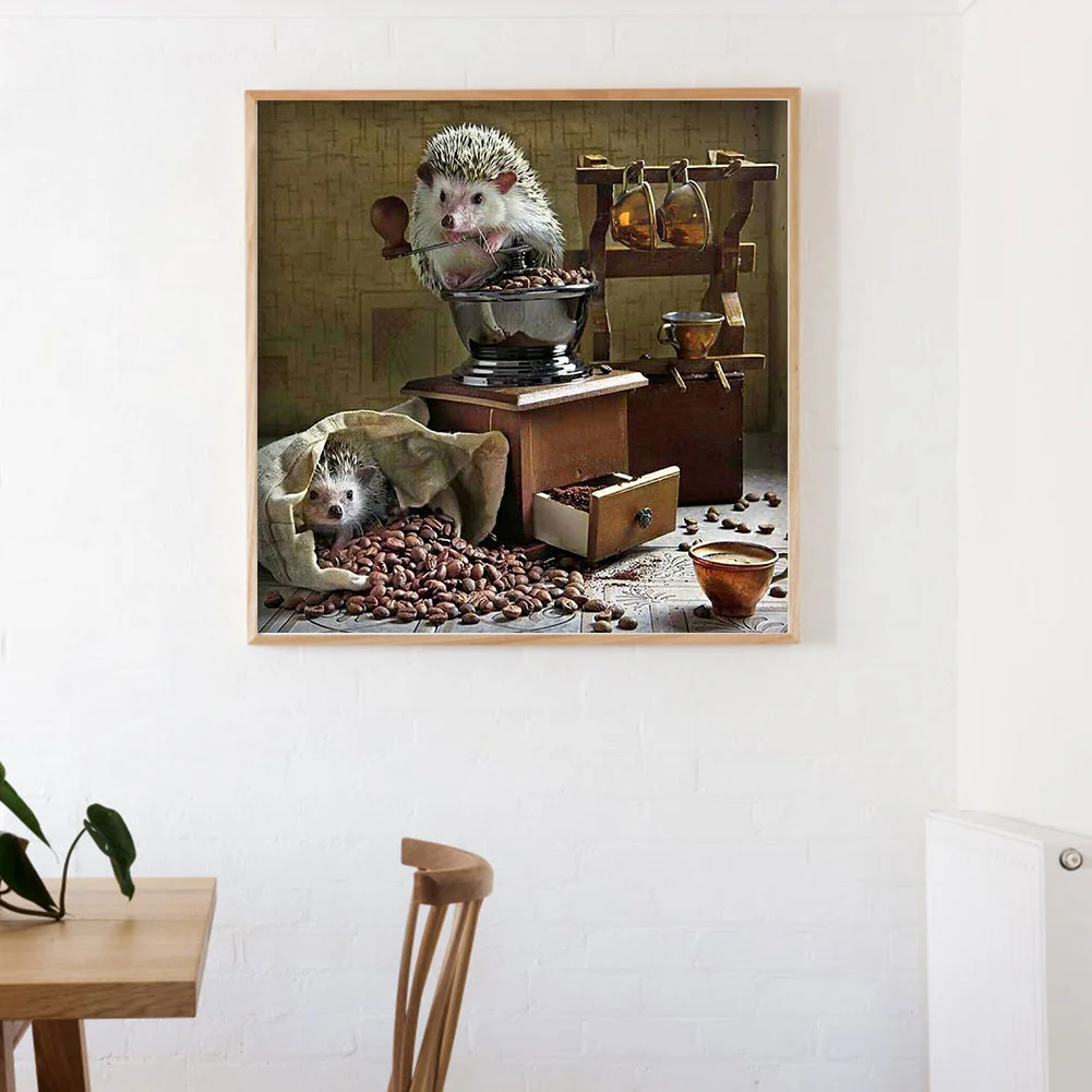 Diamond Painting Kit Hedgehog coffee beans Full Round Rhinestone Wall Pict