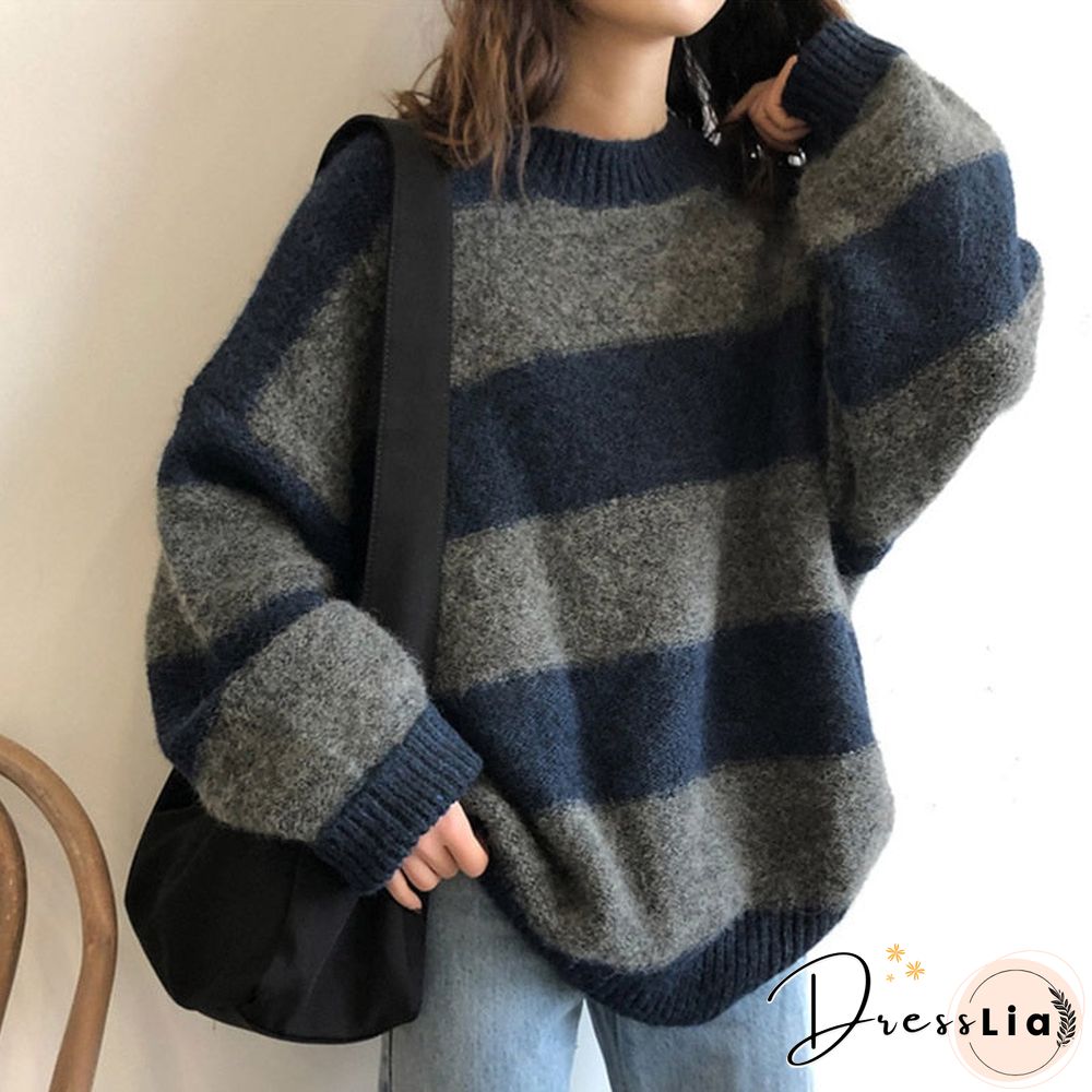 Striped Knitted Pullover Women Vintage Loose Sweater Streetwear Autumn Winter Casual Color-block Jumper Sweaters Sueter Feminino
