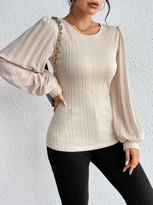 Split-Joint Solid Color Pleated Puff Sleeves Loose Round-Neck T-Shirts Tops