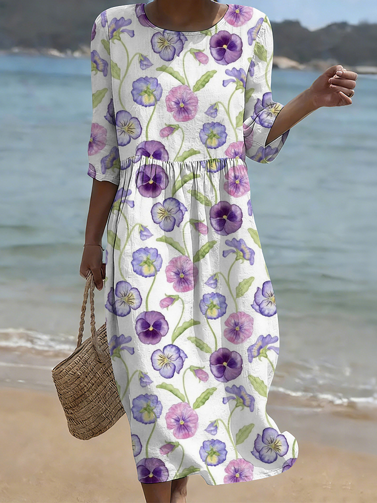 Purple Pansy Flowers Art Cozy Linen Midi Dress wearshes