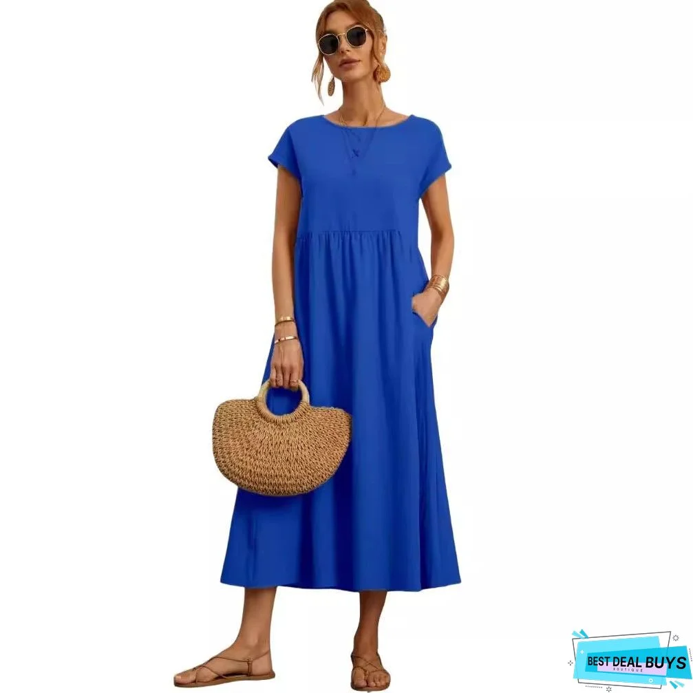Sleeve Round Neck Cotton Linen Dress Dresses