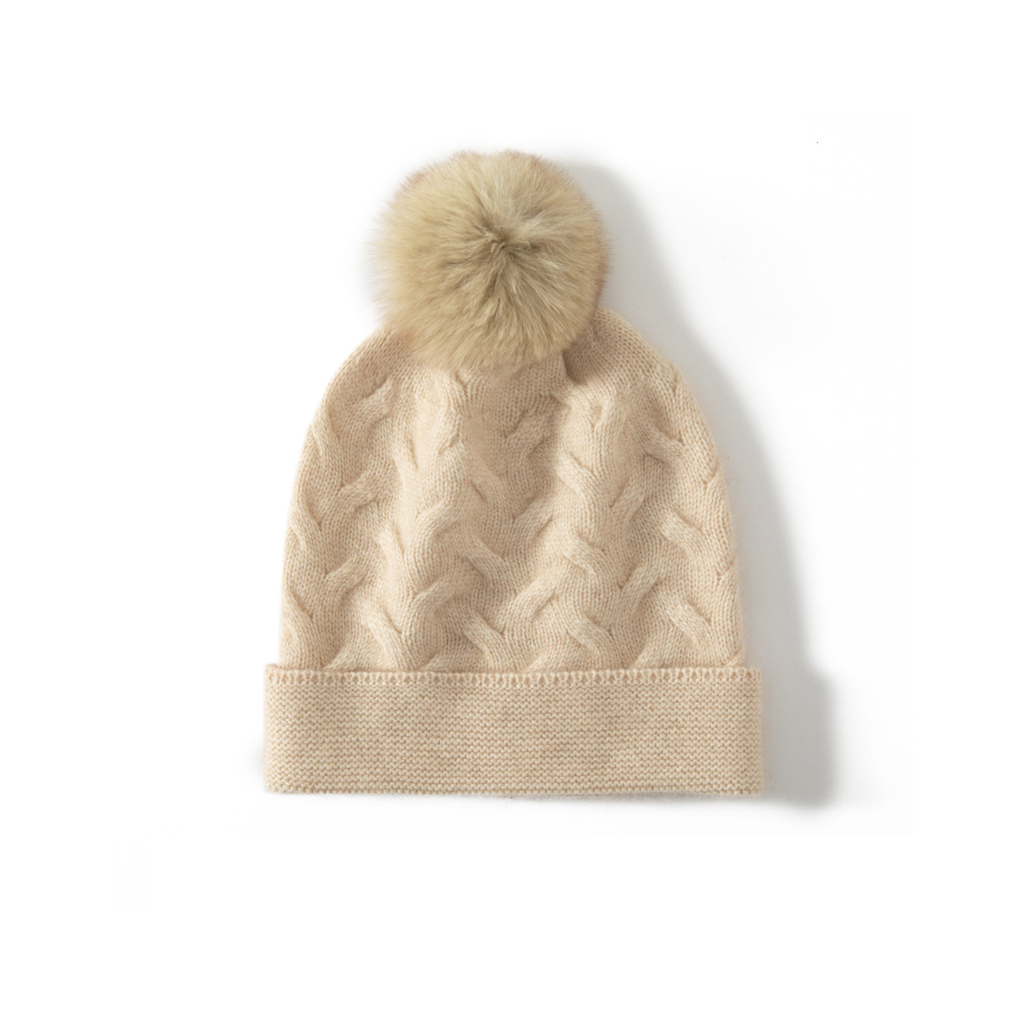 100% Cashmere Beanie with Pom Pom Simple Style REAL SILK LIFE