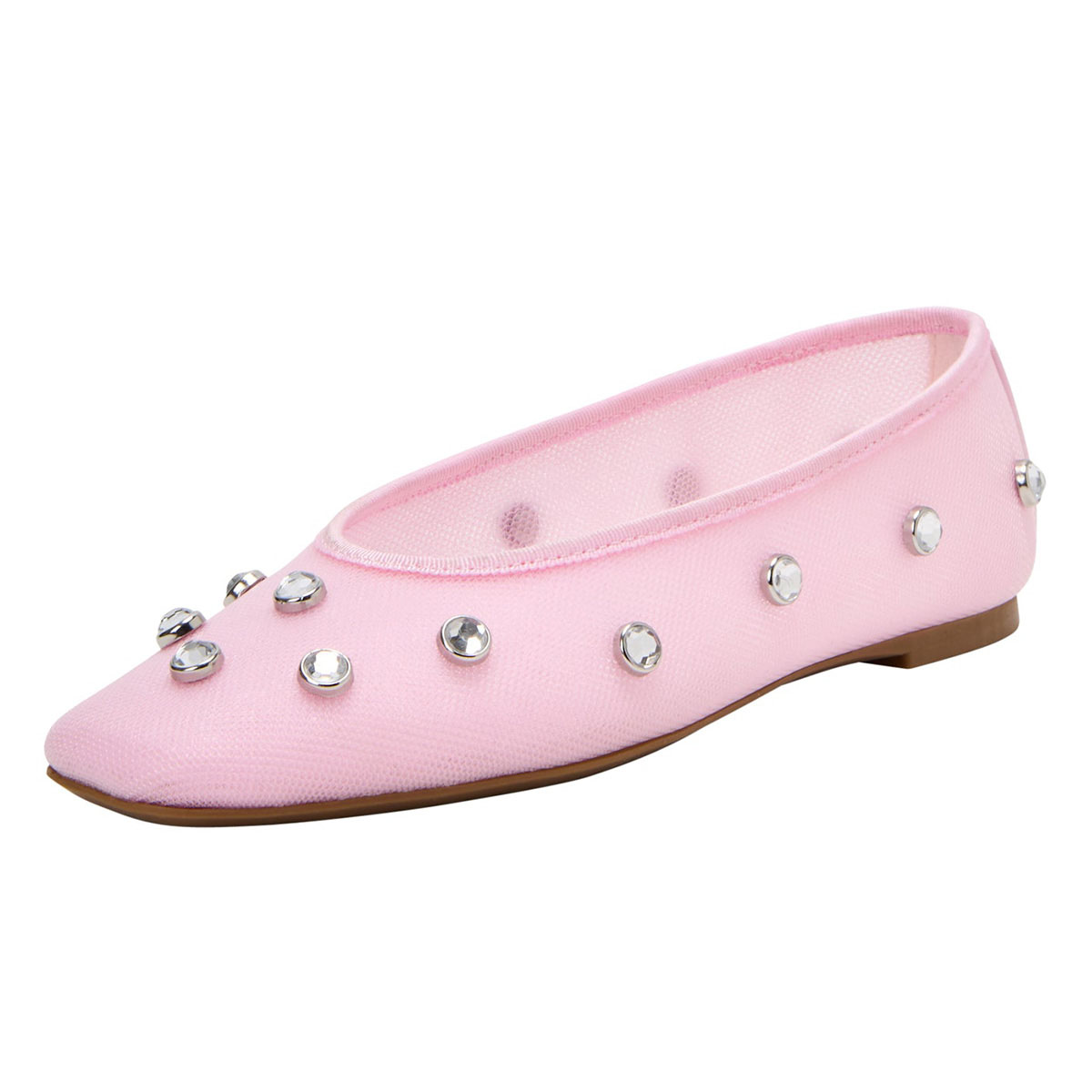Mesh Ladies' Cute Square Toe Pink Ballet Flats with Studded Rhinestone Nicepairs