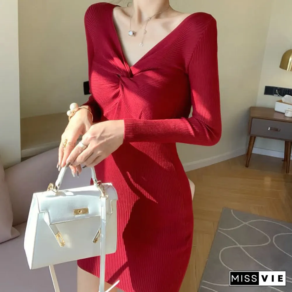 Pure Color V-neck Slim Knit Sweater Dress