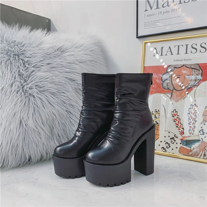 Vstacam 2023 New Autumn Winter Platform Boots High Heels Back Zipper Black White Short Boots For Women Waterproof Gothic Shoes