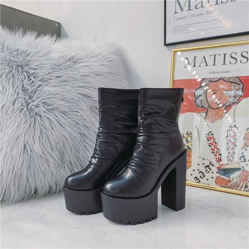 2021 New Autumn Winter Platform Boots High Heels Back Zipper Black White Short Boots For Women Waterproof Gothic Shoes
