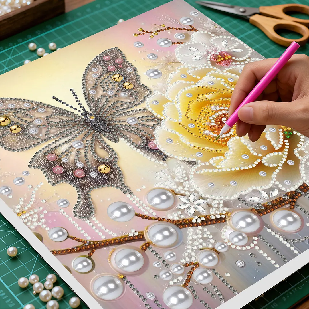 Yellow Butterfly DIY Special Shape Drill Diamond Art Pearl Painting Kit with Frame 25x25cm Art Craft Pearl Diamond Painting for Adults Beginners Home Decor