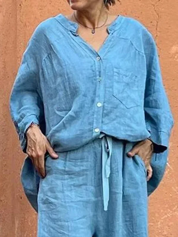 Split-Joint Raglan Sleeve Loose V-Neck Blouses&Shirts Tops