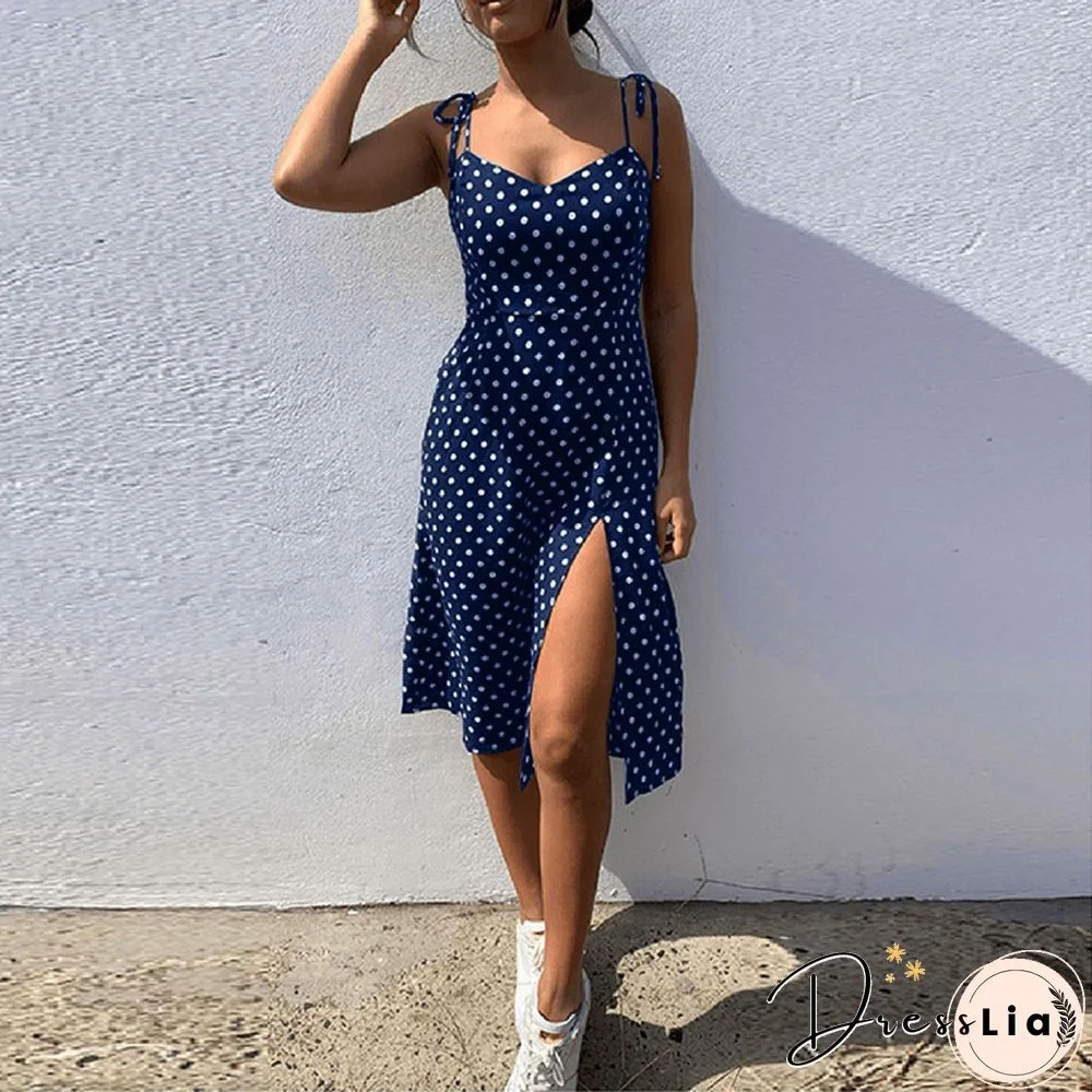 Dresses Sundress Summer Women Causal Polka Dot Sleeveless High Pleated Elastic Waist V-Neck Beach Dress Vestidos De Verano