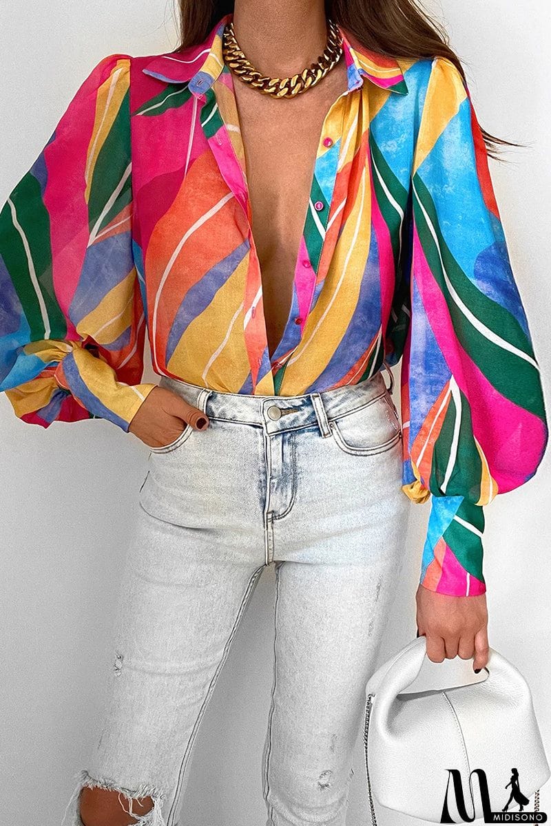 MidiSono - Elegant Floral Patchwork Turndown Collar Tops