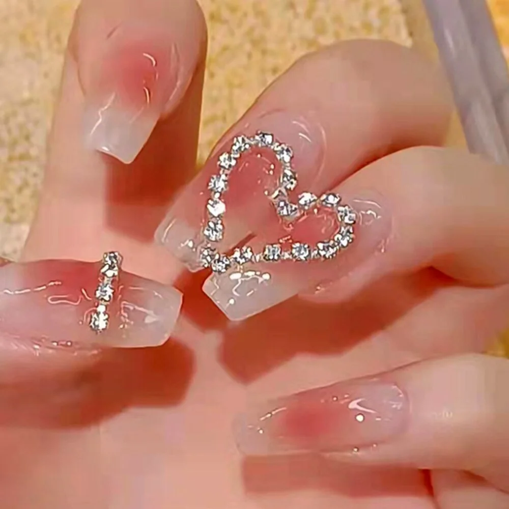 24PCS Press On Nails with Diamond Butterfly Design White Fake Nails Coffin Ballet False Nails Manicure Salon DIY  Full Finished-Nail Inspo