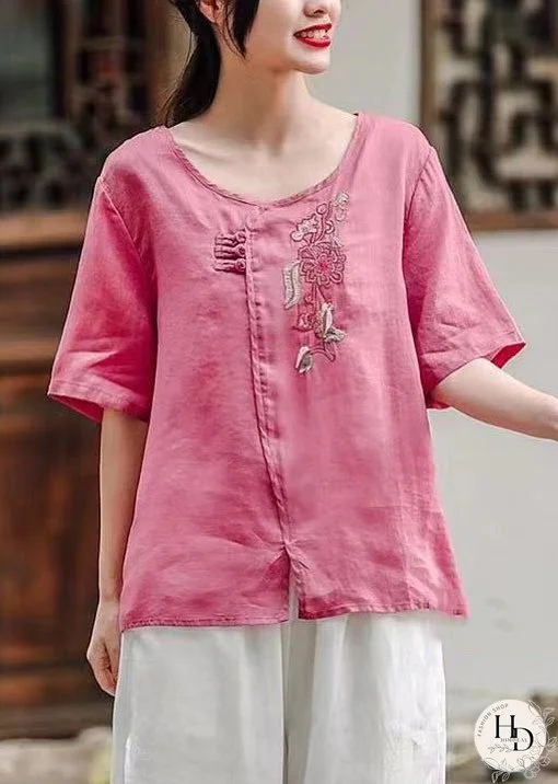 Women Rose O-Neck Side Open Patchwork Cotton T Shirt Summer