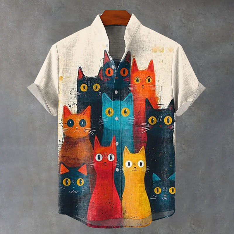 Retro Cat Pattern Japanese Retro Linen Art Short-sleeved Shirt  artssus