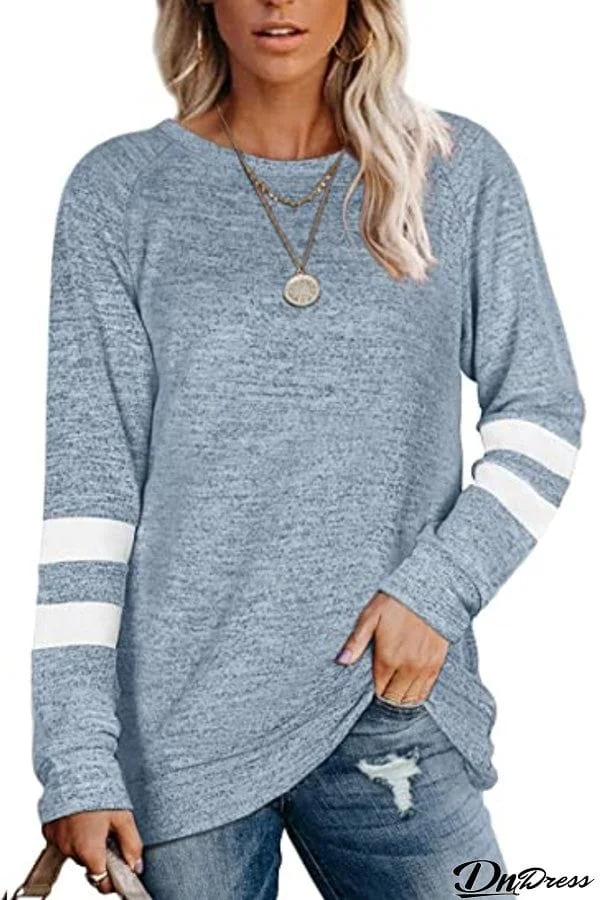 Long Sleeve Paneled Round Neck Casual Printed T-Shirt Top