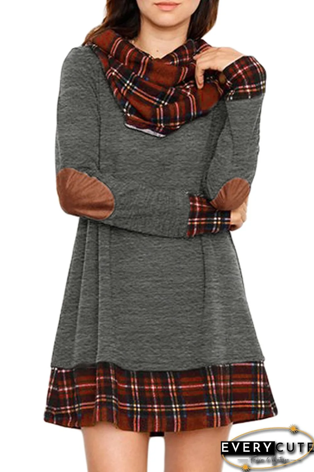 Charcoal Plaid Elbow Patch Cowl Neck Dress