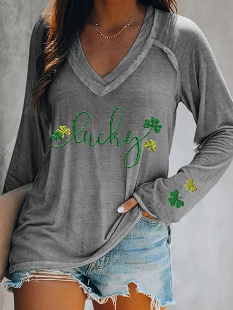 VChics Embroidery Lucky Shamrock Print Casual V-neck T-shirt