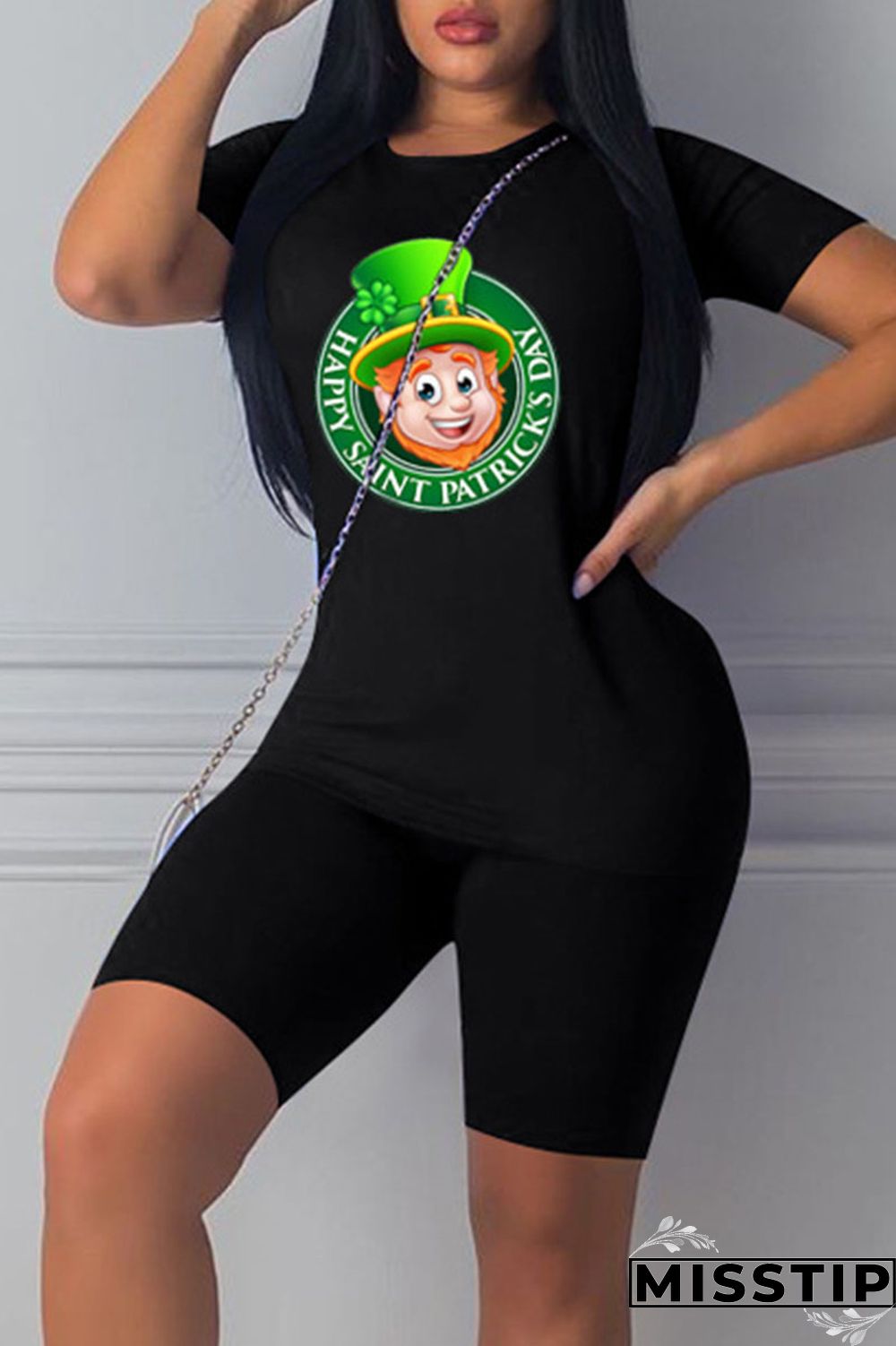 Black Casual Print Patchwork O Neck Short Sleeve Two Pieces