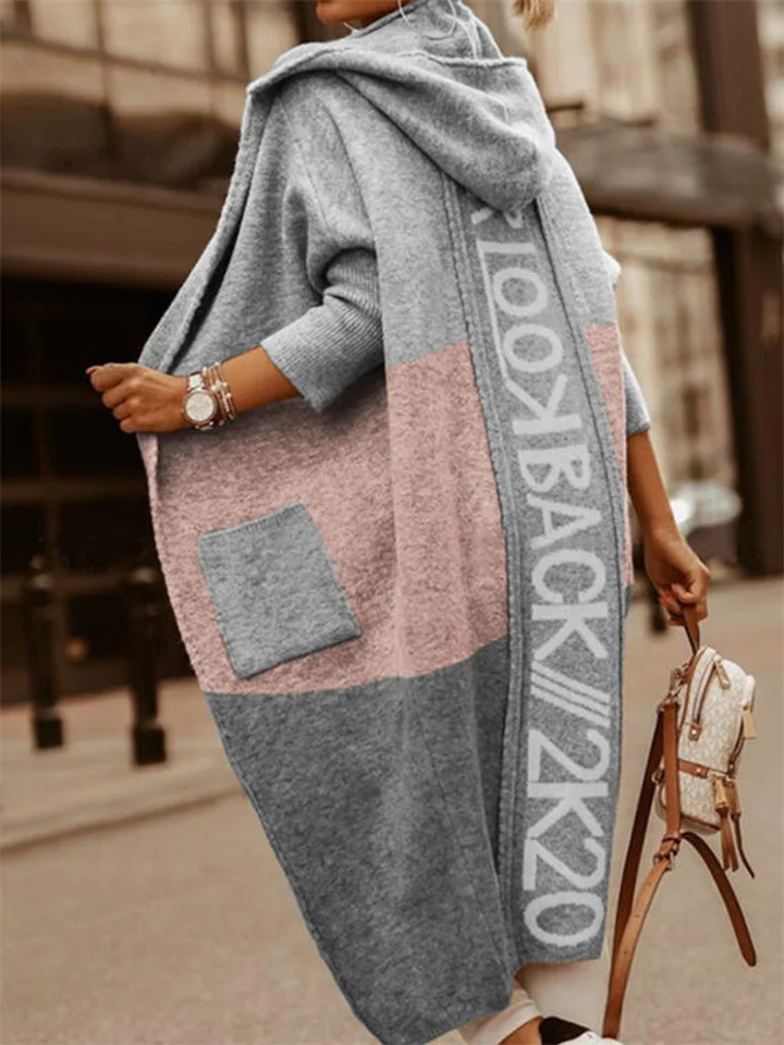Color-block Hooded Casual Long Cardigan Sweater