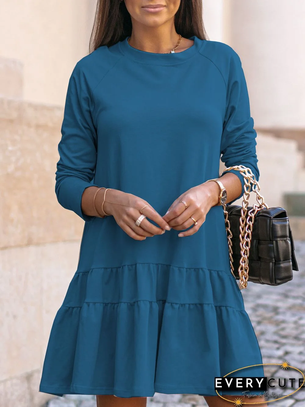 Long Sleeve Loose Round Neck Ruffled Dress At Home