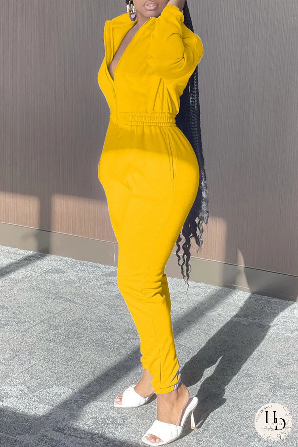 Yellow Fashion Casual Solid Patchwork Zipper Collar Regular Jumpsuits