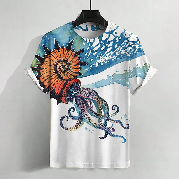 Men's Nautilus Octopus In Conch Watercolor Art Print T-Shirt