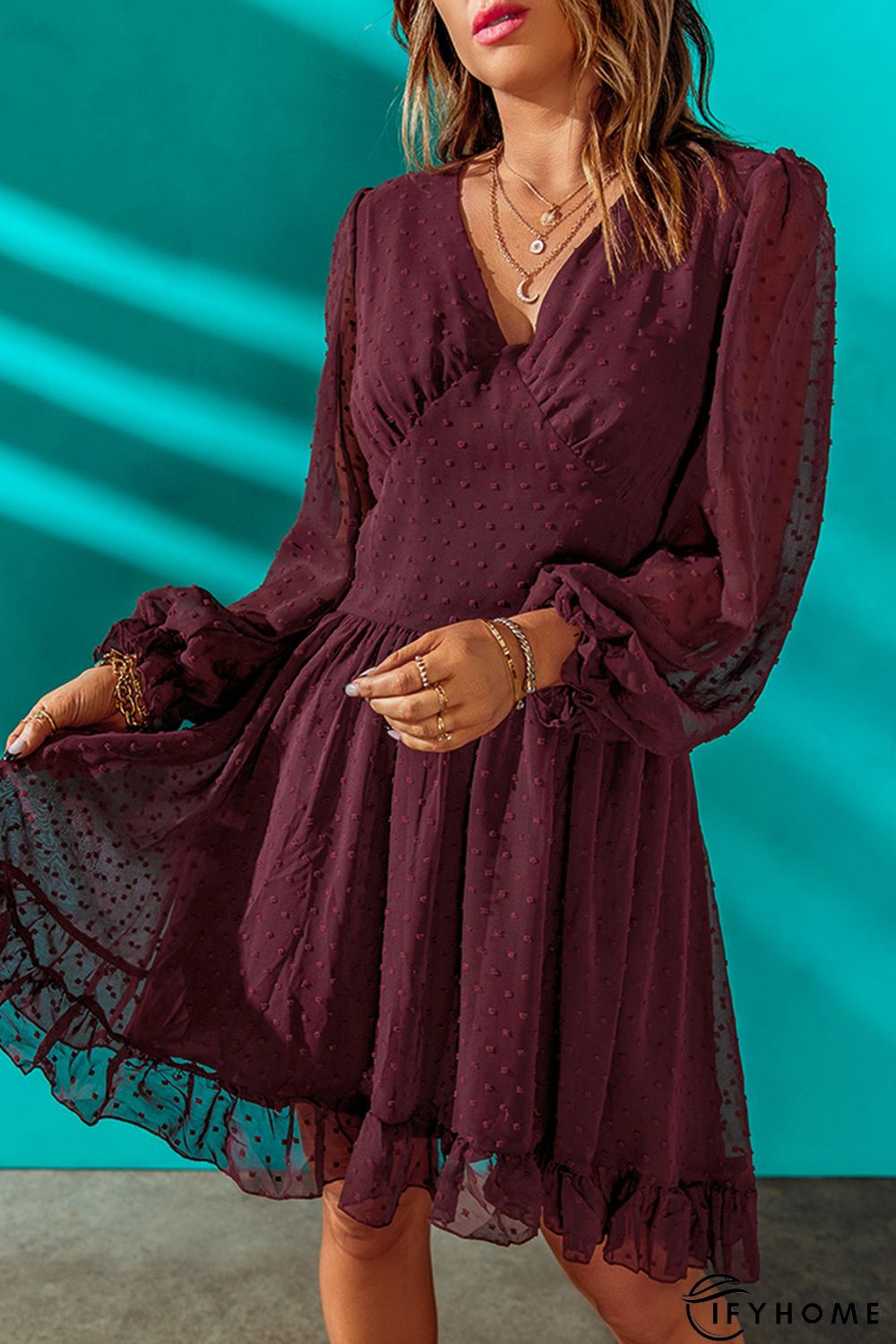 Wine Red V Neck Lantern Sleeve Swiss Dot Mini Dress | IFYHOME