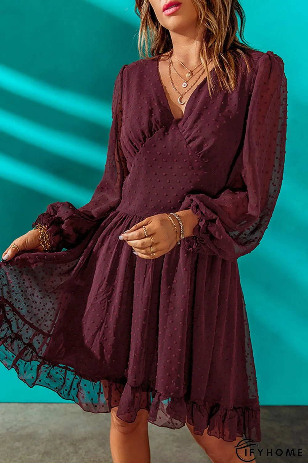 Wine Red V Neck Lantern Sleeve Swiss Dot Mini Dress | IFYHOME