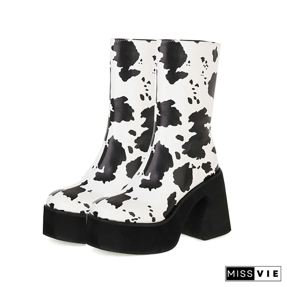 Zebra Cow Print Slip-On Platform Boots