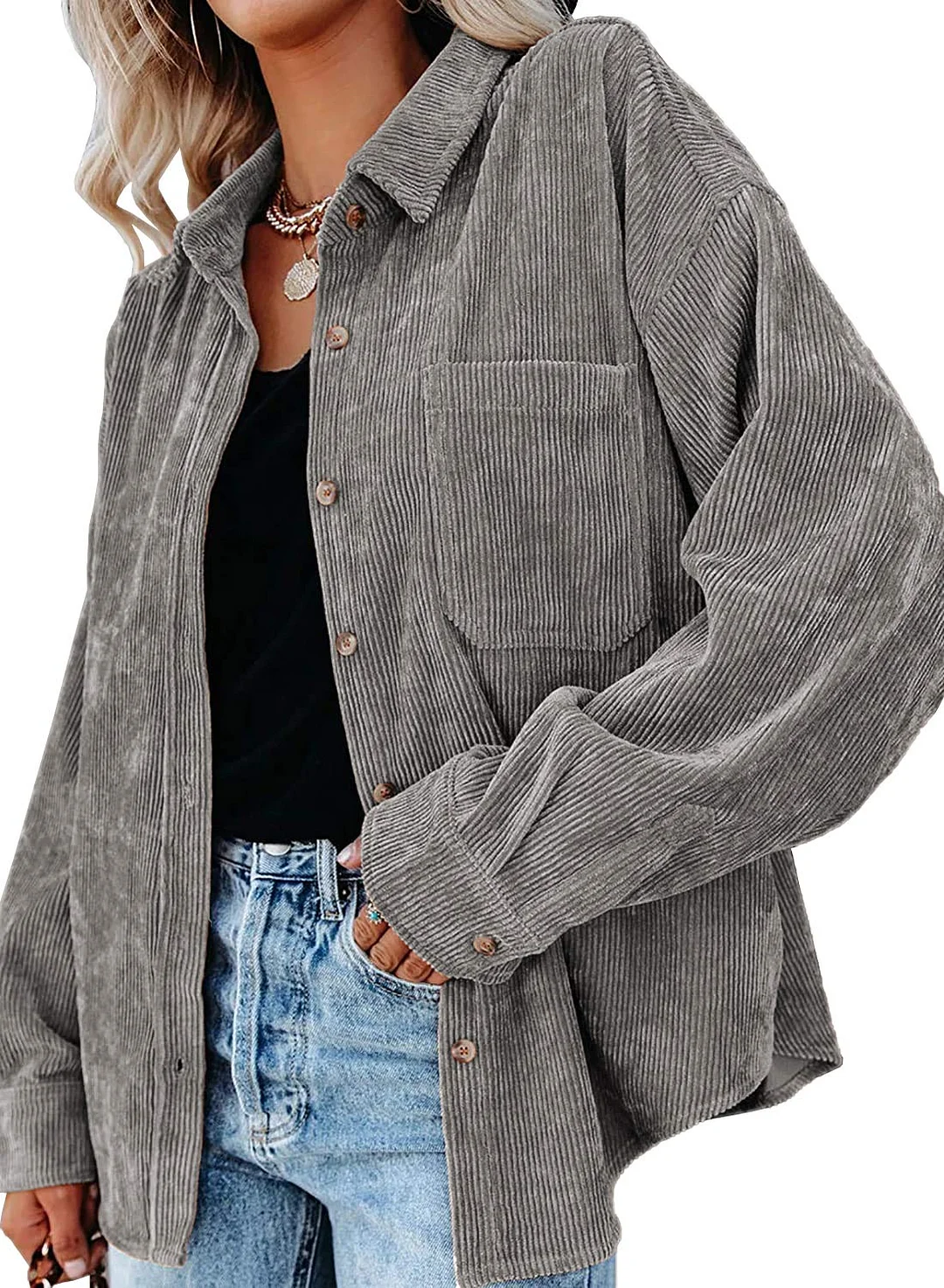 MIHOLL Women Corduroy Long Sleeve Button Down Collared Shirt Jacket Tops