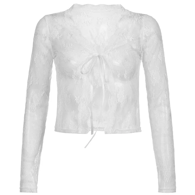 White Lace Sexy Mesh Cropped T Shirt Ladies Autumn Grunge Gothic T-shirt Women See Through Long Sleeve Tee Shirts