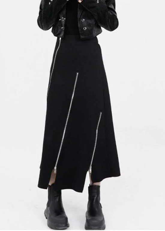 Women Black Asymmetrical Zippered Cotton Skirts Summer
